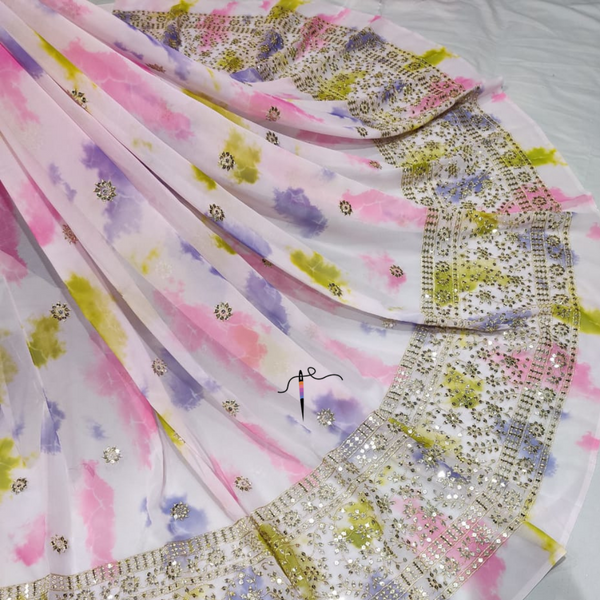 Georgette + Print + Embroidery, Width : 56"